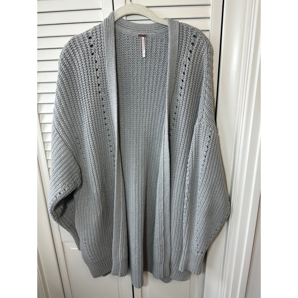 Free People Grey Chunky Knit Open Front Cardigan Sweater XS Oversized Pointelle